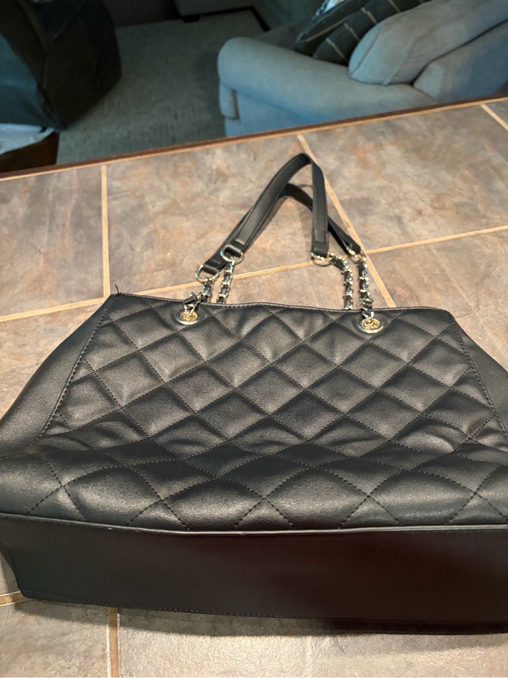 Black Quilted Tote with Chain-Detail Shoulder Straps